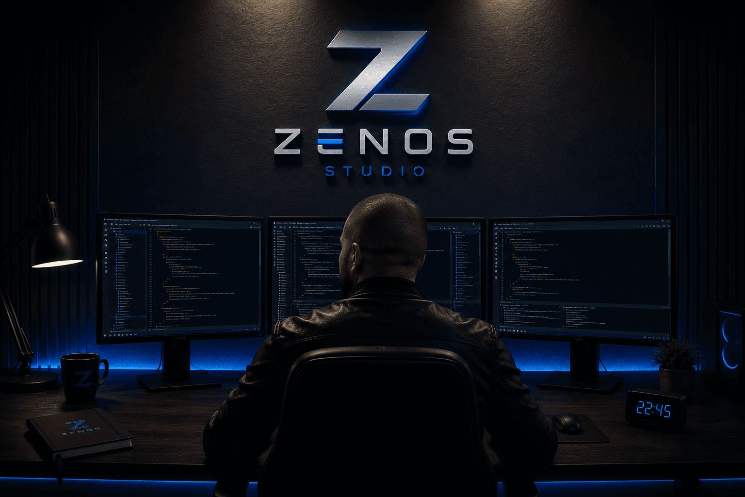 Ambiente de trabalho da Zenos Studio com monitores e identidade visual da marca